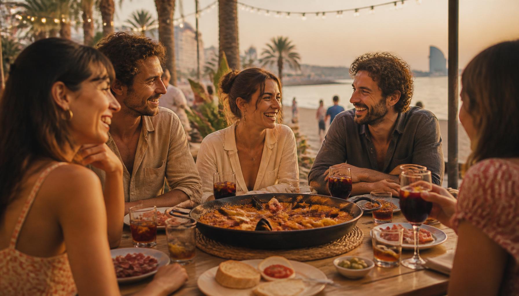 Small group of friends sharing paella and sangria at a wooden table near Barceloneta beach at golden hour