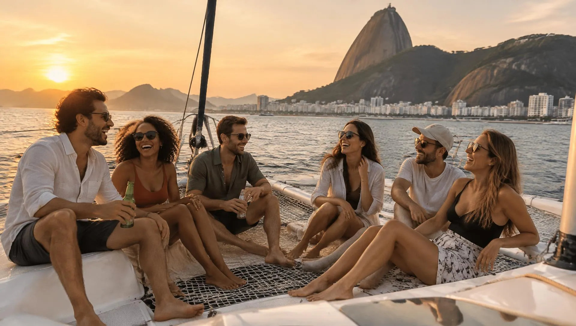 A group of crew friends on a catamaran in Rio de Janeiro at sunset