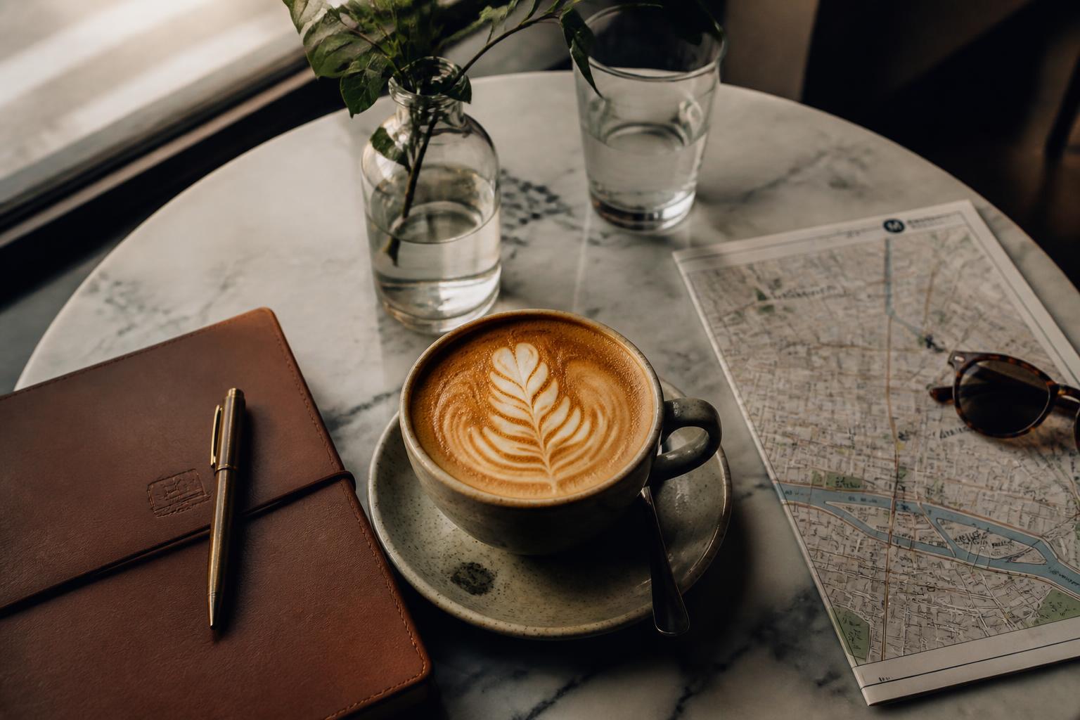 Artisan coffee, a leather notebook and a city map on a marble café table