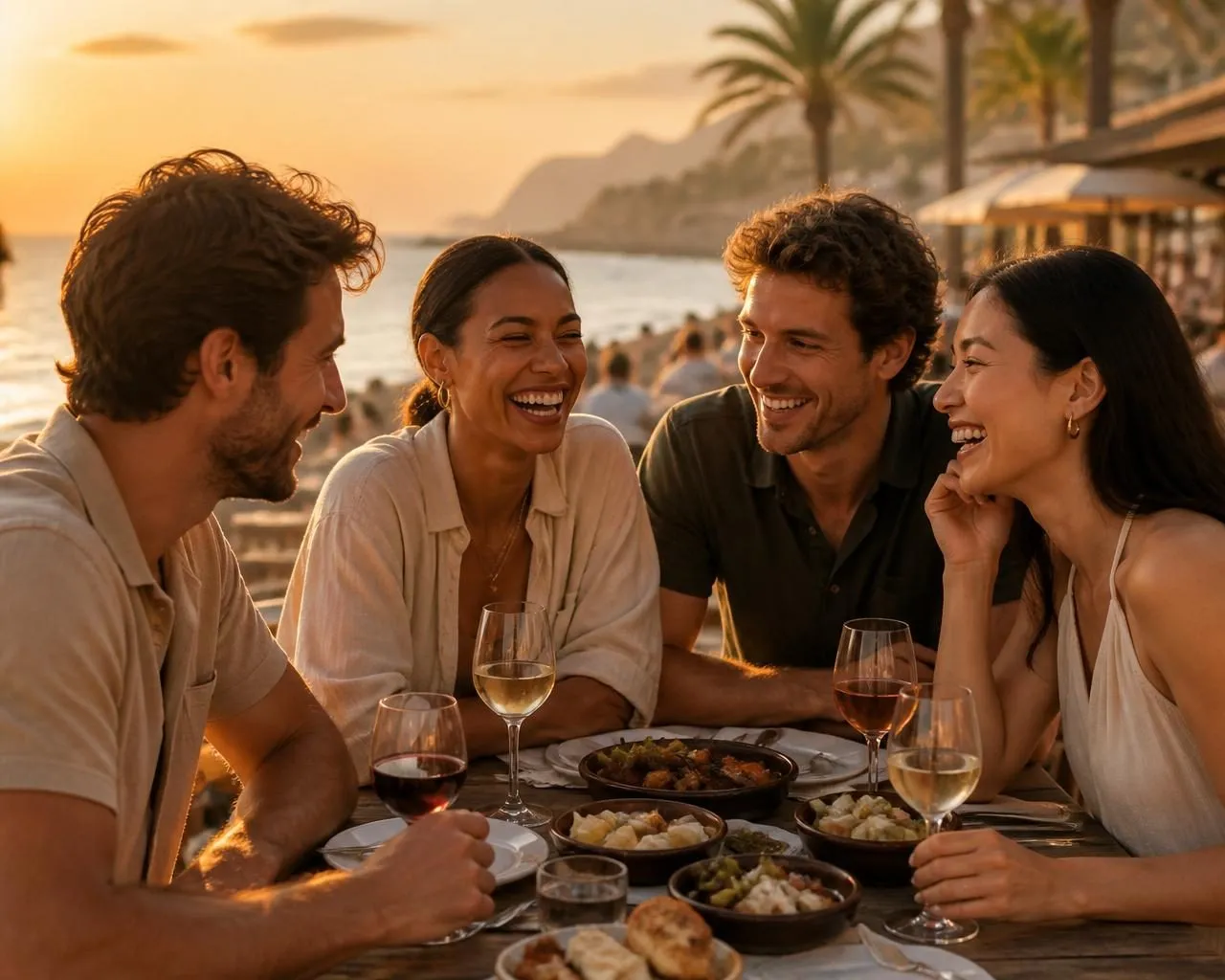 Off-duty crew enjoying dinner together