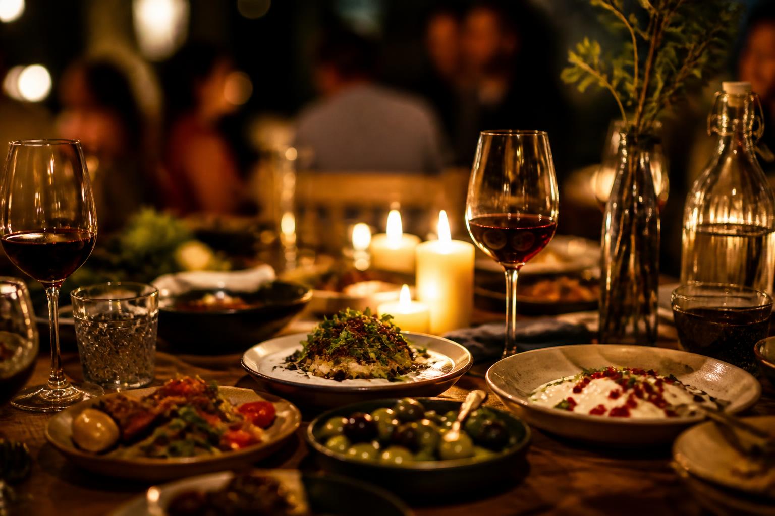 Candlelit dinner table with wine and small plates at a warm restaurant