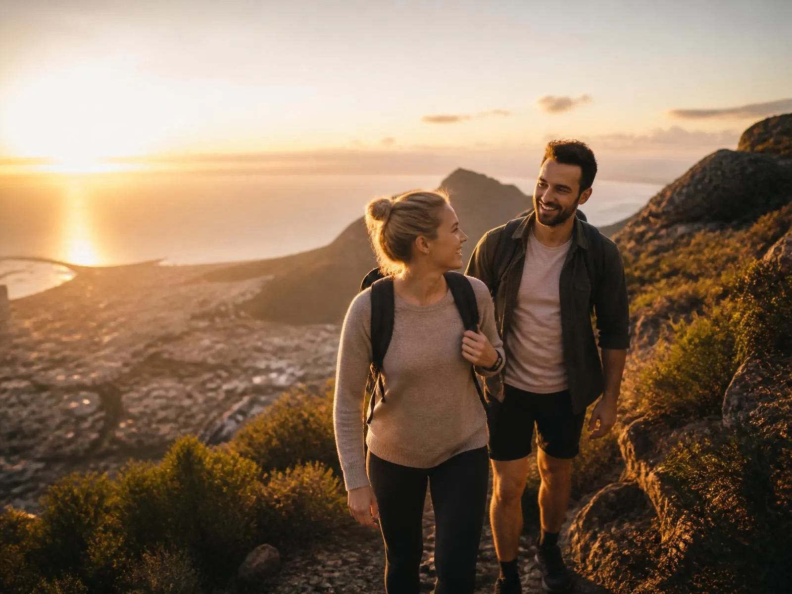 Friends hiking above the coast