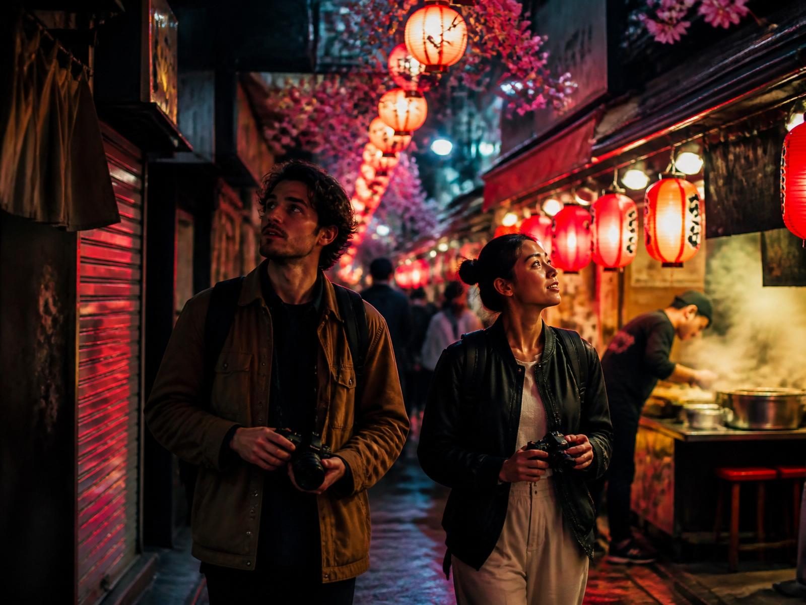 A Tokyo night-market alley lit by red lanterns, two friends exploring with cameras
