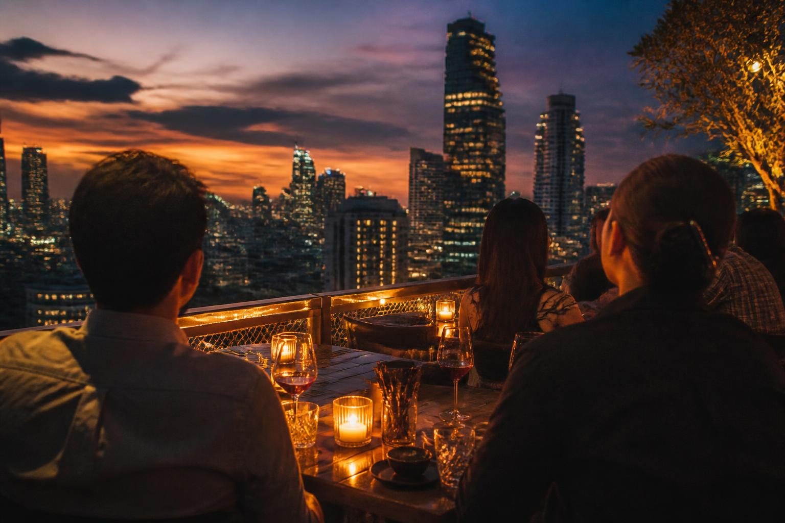 Bangkok skyline at sunset from a rooftop bar, candles glowing on the table