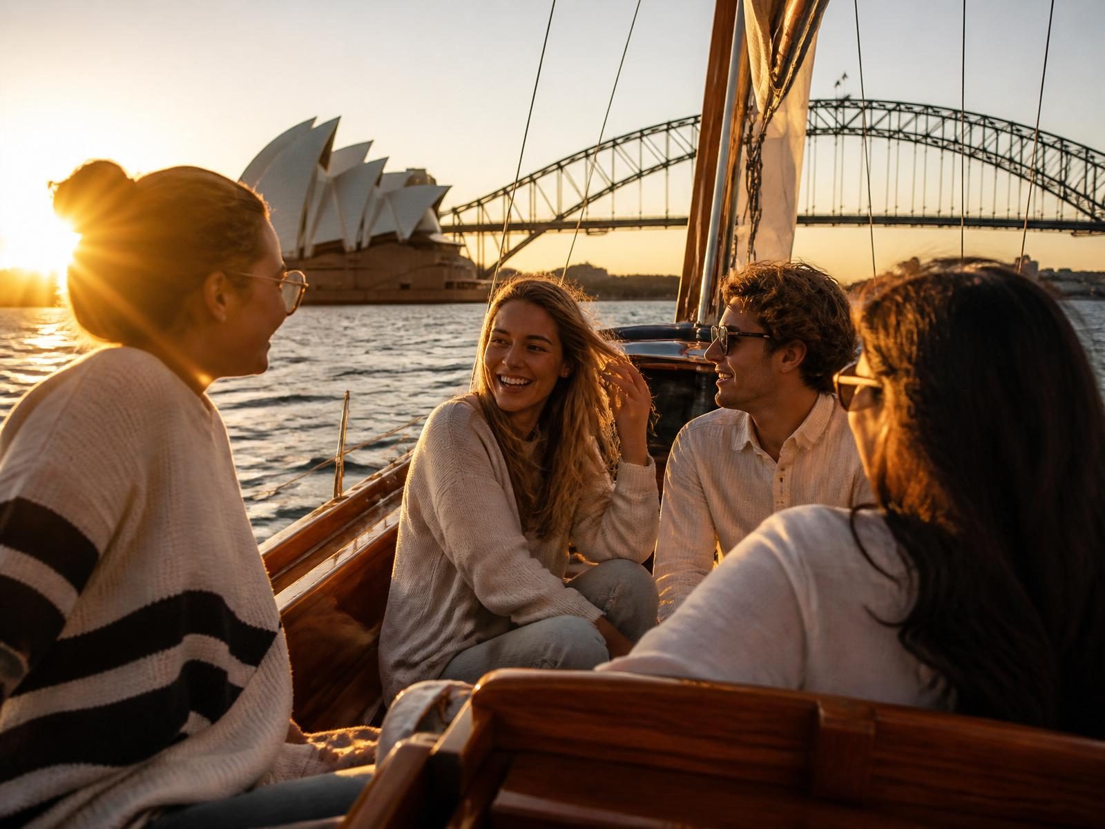 Crew friends on a sailboat at golden hour cruising past Sydney Harbour Bridge