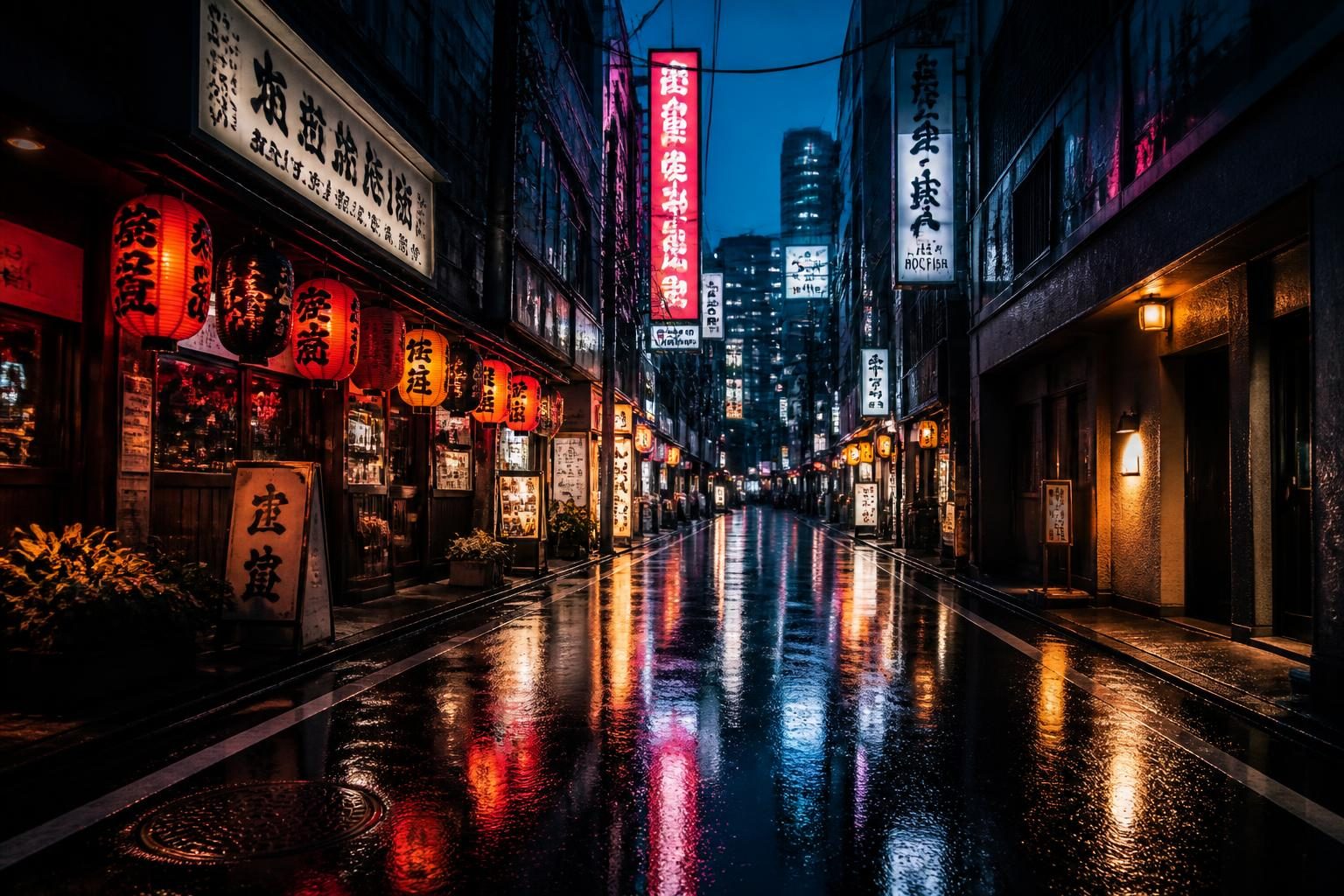 Tokyo neon alley at night, lanterns reflecting on wet pavement