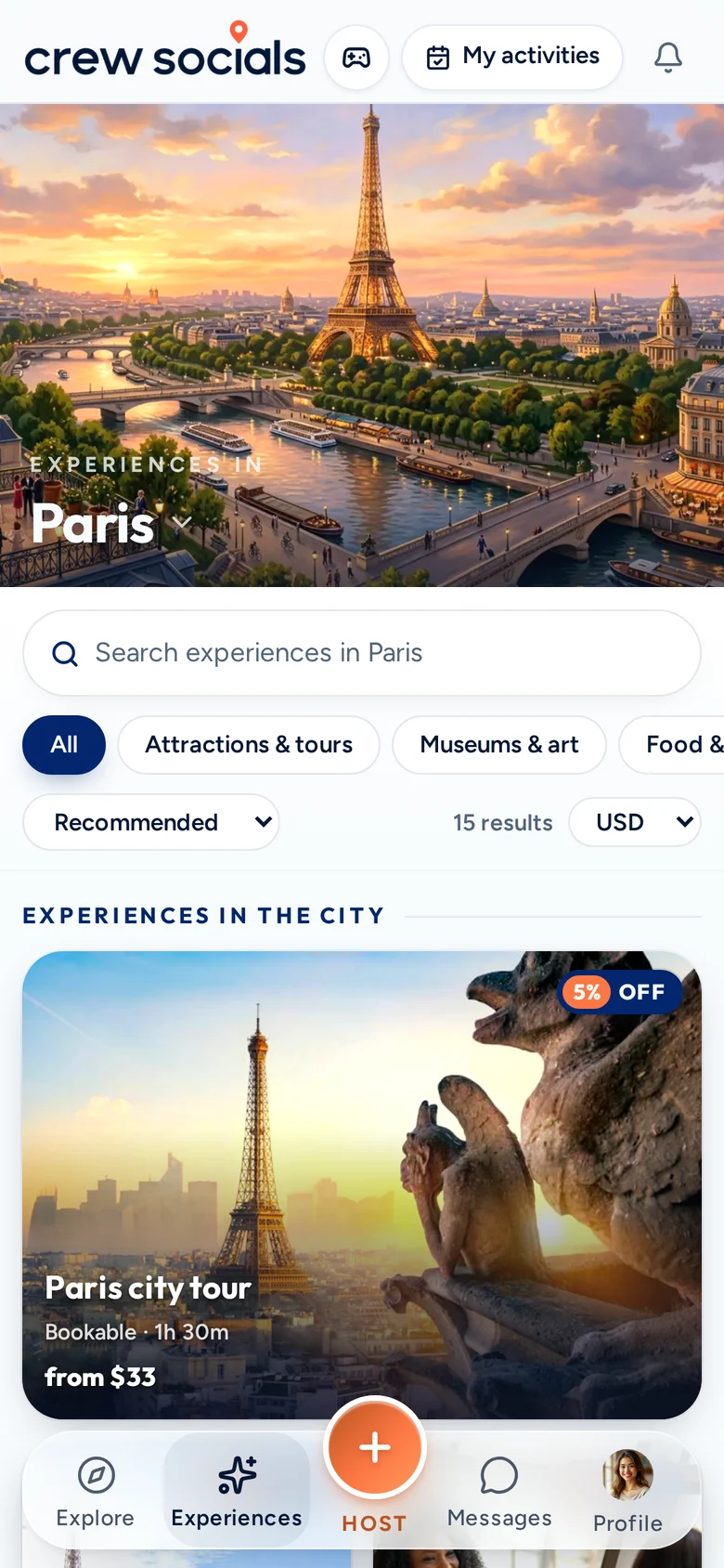 CrewSocials Experiences screen for Paris with the 5% crew saving